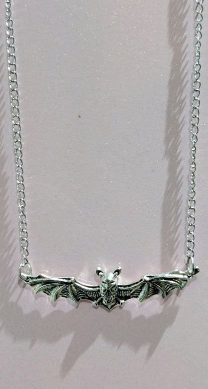 Handmade silver metal necklace pendant charm flying bat open wings gothic costume jewellery cute gift for her teen girl Halloween accessory - Oh My Gothness