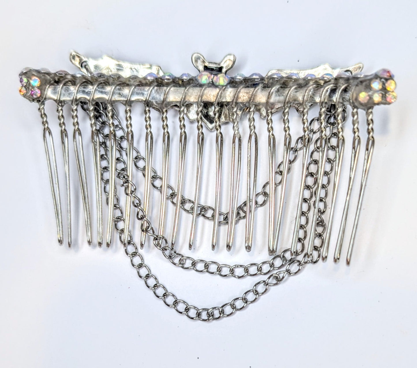 Handmade Silver Metal-Tone Gothic Bat, Chains, and Diamante Decorative Hair Comb. Prom Wedding Gothic Accessory - Oh My Gothness