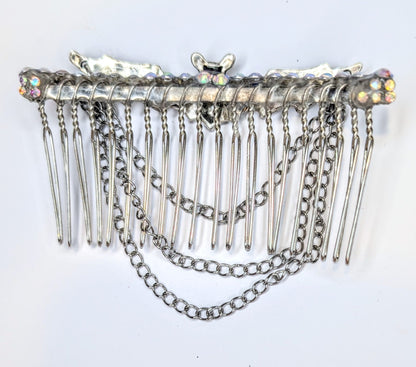 Handmade Silver Metal-Tone Gothic Bat, Chains, and Diamante Decorative Hair Comb. Prom Wedding Gothic Accessory - Oh My Gothness