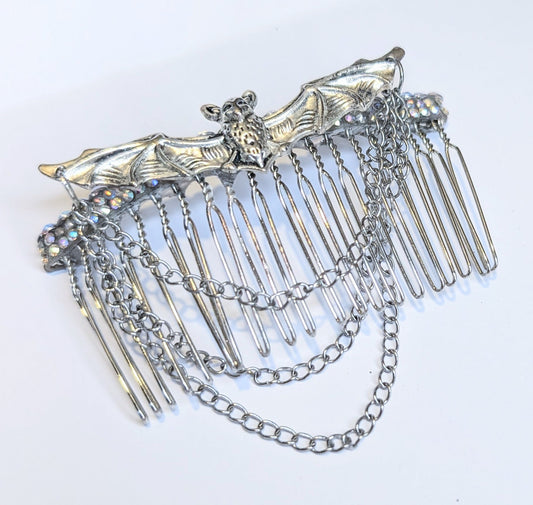 Handmade Silver Metal-Tone Gothic Bat, Chains, and Diamante Decorative Hair Comb. Prom Wedding Gothic Accessory - Oh My Gothness