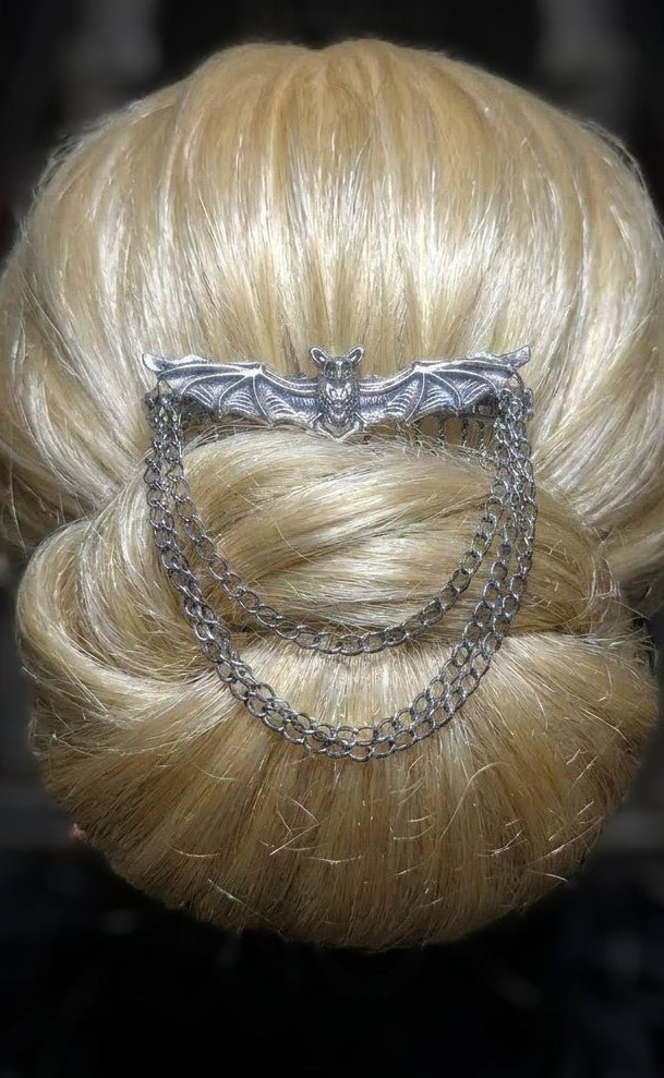 Handmade Silver Metal-Tone Gothic Bat, Chains, and Diamante Decorative Hair Comb. Prom Wedding Gothic Accessory - Oh My Gothness