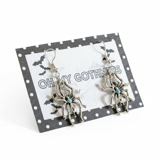 Handmade Silver-tone Metal and Turquoise Spider Dangle Drop Earrings. Spooky Gothic Gift - Oh My Gothness