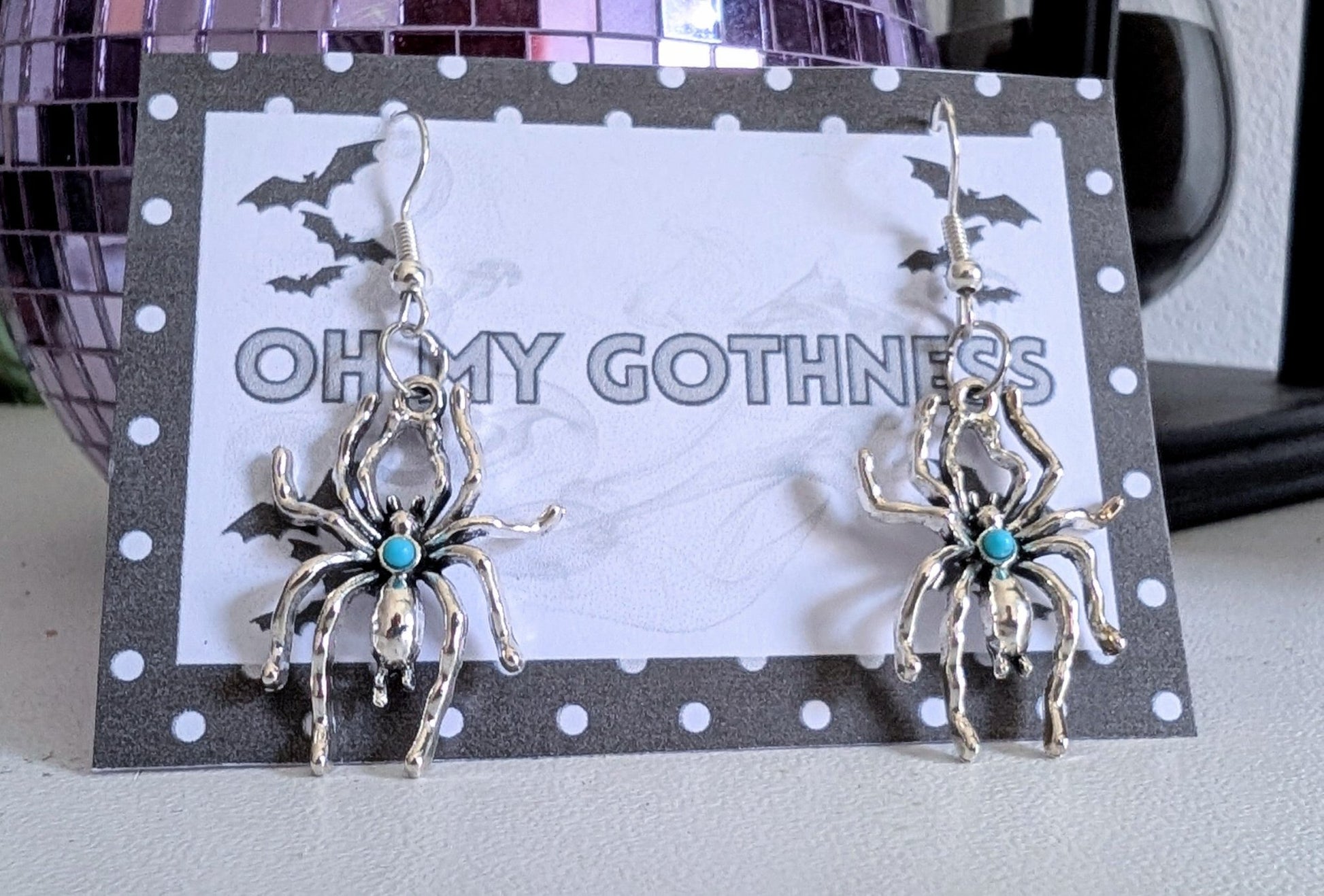 Handmade Silver-tone Metal and Turquoise Spider Dangle Drop Earrings. Spooky Gothic Gift - Oh My Gothness