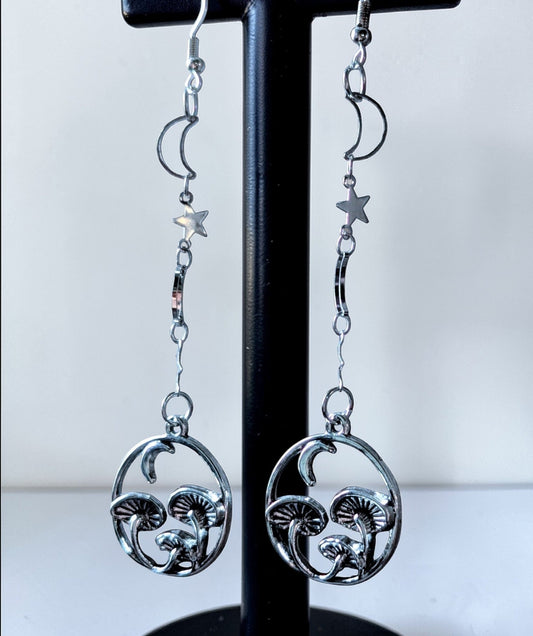 Handmade Silvertone Magic Mushroom Drop Earrings. Moon and Stars gothic gift - Oh My Gothness