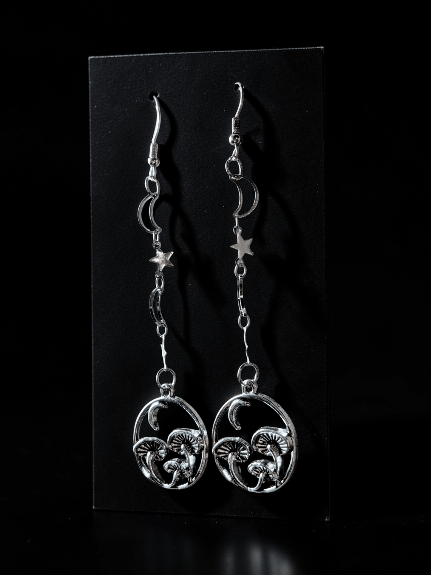 Handmade Silvertone Magic Mushroom Drop Earrings. Moon and Stars gothic gift - Oh My Gothness