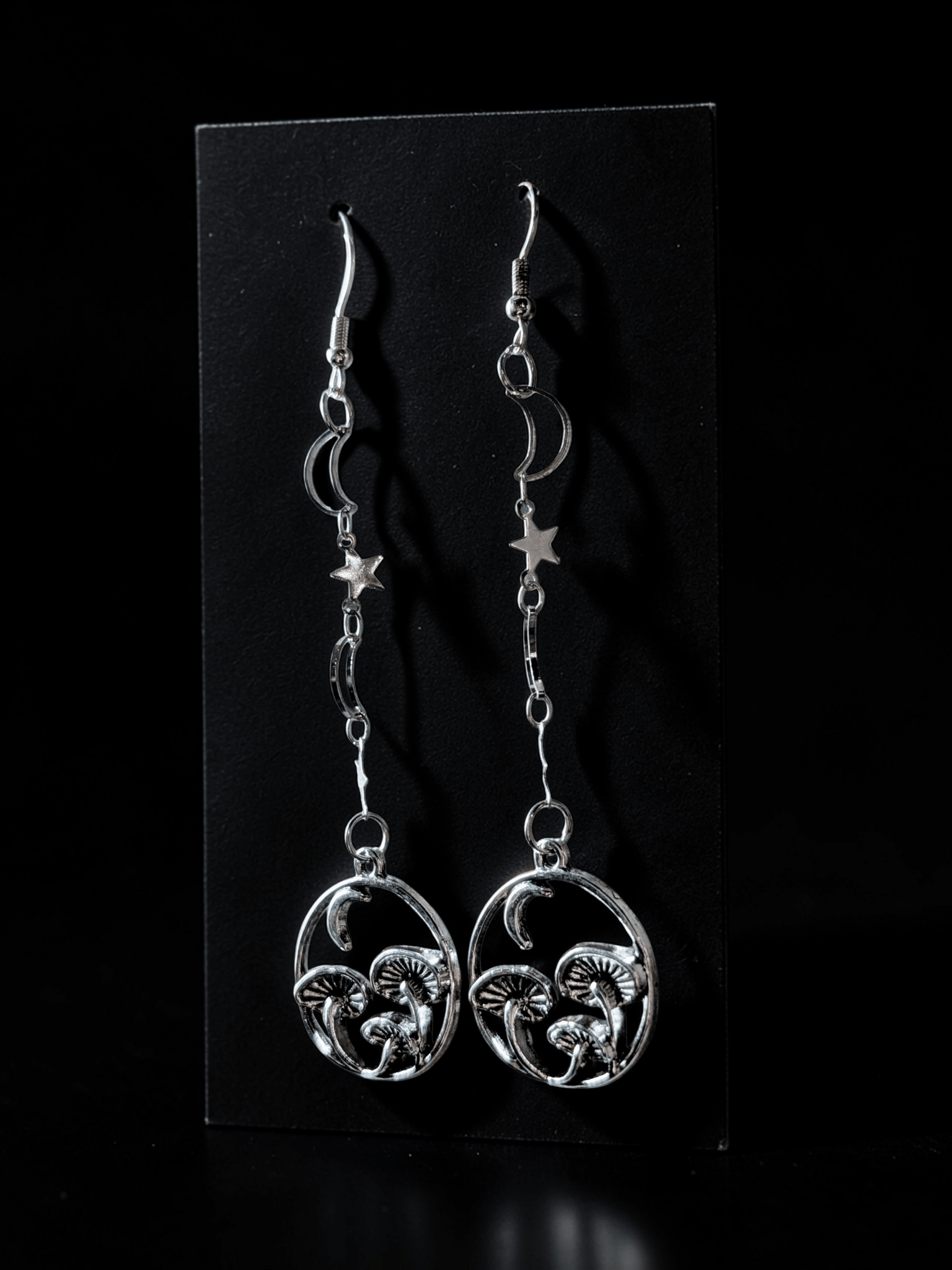 Handmade Silvertone Magic Mushroom Drop Earrings. Moon and Stars gothic gift - Oh My Gothness