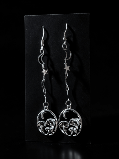 Handmade Silvertone Magic Mushroom Drop Earrings. Moon and Stars gothic gift - Oh My Gothness