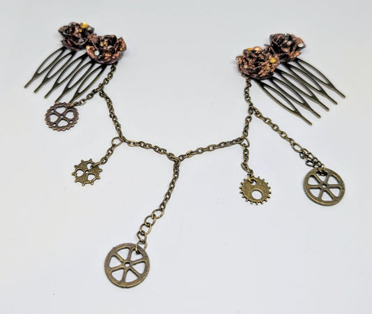 Handmade Steampunk Hair Comb, Rose & Cog Chain, Gift Boxed - Oh My Gothness