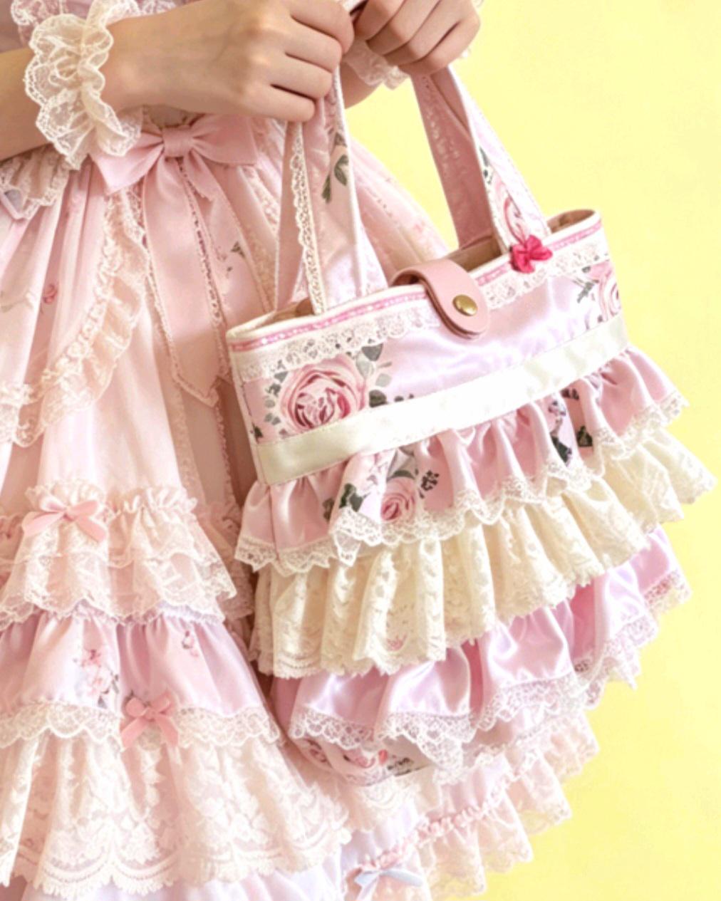 Handmade Sweet Lolita Kawaii Hand Bag Pink Cream Flowers Bows Lace Frills Cosplay Tea Party - Oh My Gothness