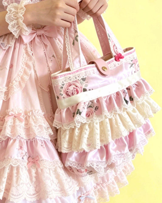 Handmade Sweet Lolita Kawaii Hand Bag Pink Cream Flowers Bows Lace Frills Cosplay Tea Party - Oh My Gothness