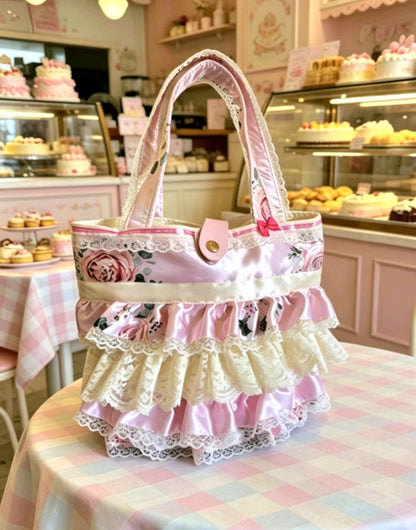 Handmade Sweet Lolita Kawaii Hand Bag Pink Cream Flowers Bows Lace Frills Cosplay Tea Party - Oh My Gothness