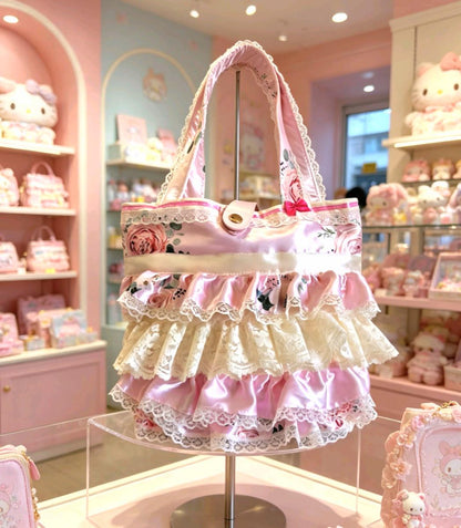 Handmade Sweet Lolita Kawaii Hand Bag Pink Cream Flowers Bows Lace Frills Cosplay Tea Party - Oh My Gothness