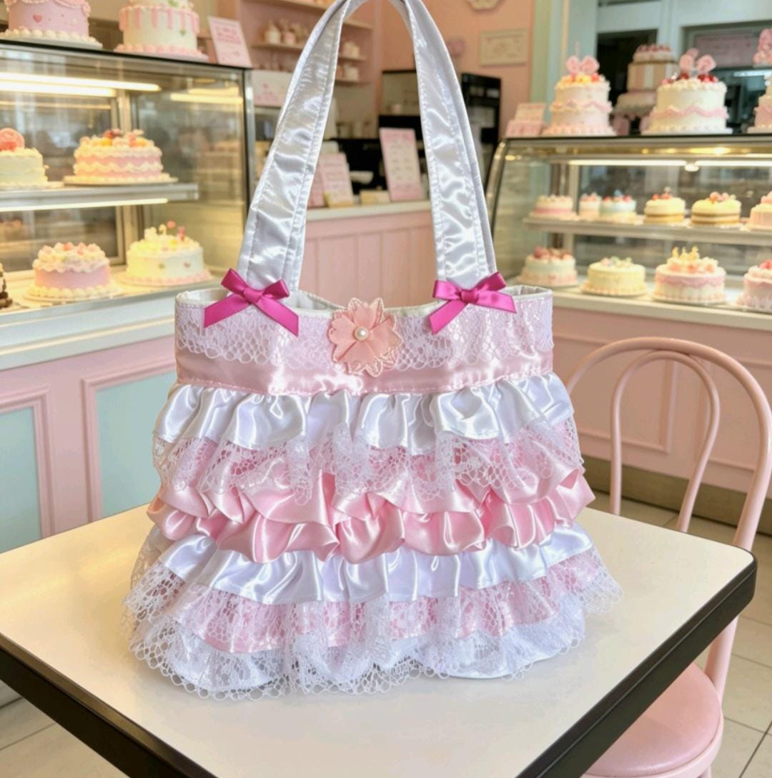 Handmade Sweet Lolita Kawaii Hand Bag Pink White Flowers Bows Lace Frills Cosplay Tea Party - Oh My Gothness