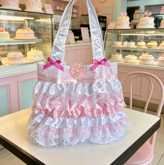 Handmade Sweet Lolita Kawaii Hand Bag Pink White Flowers Bows Lace Frills Cosplay Tea Party - Oh My Gothness