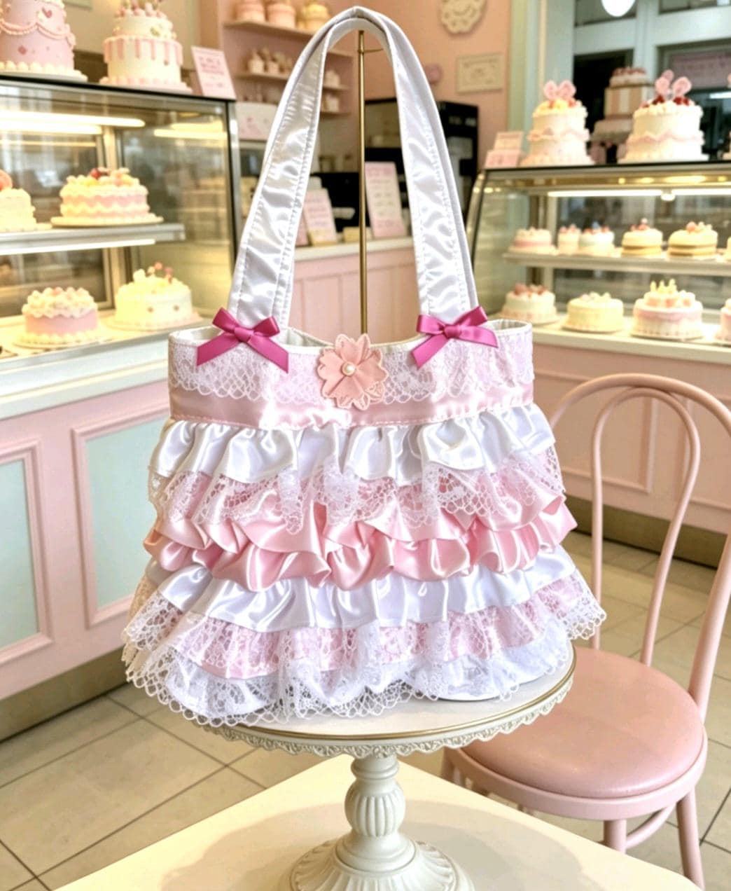 Handmade Sweet Lolita Kawaii Hand Bag Pink White Flowers Bows Lace Frills Cosplay Tea Party - Oh My Gothness