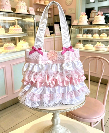 Handmade Sweet Lolita Kawaii Hand Bag Pink White Flowers Bows Lace Frills Cosplay Tea Party - Oh My Gothness