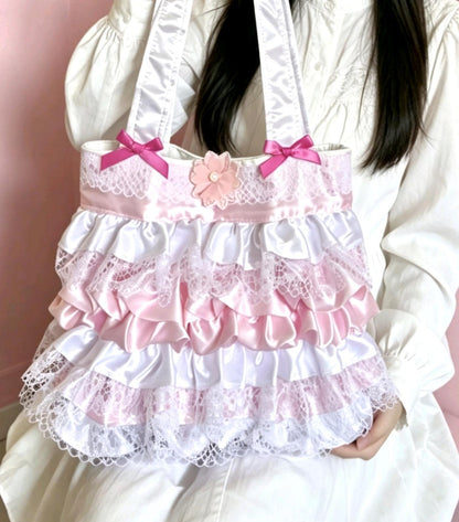 Handmade Sweet Lolita Kawaii Hand Bag Pink White Flowers Bows Lace Frills Cosplay Tea Party - Oh My Gothness