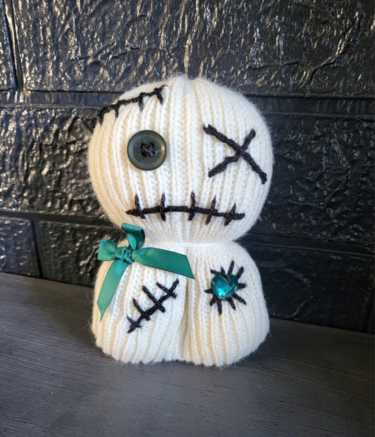Handmade Voodoo Doll Knitted OOAK Cute Weird Gothic Fantasy Creepy Halloween Collectable Freaky Gift Spooky Decor Green Cream Black VO5 - Oh My Gothness