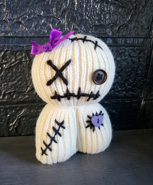 Handmade Voodoo Doll Knitted OOAK Cute Weird Gothic Fantasy Creepy Halloween Collectable Freaky Gift Spooky Decor Purple Cream Black VO4 - Oh My Gothness