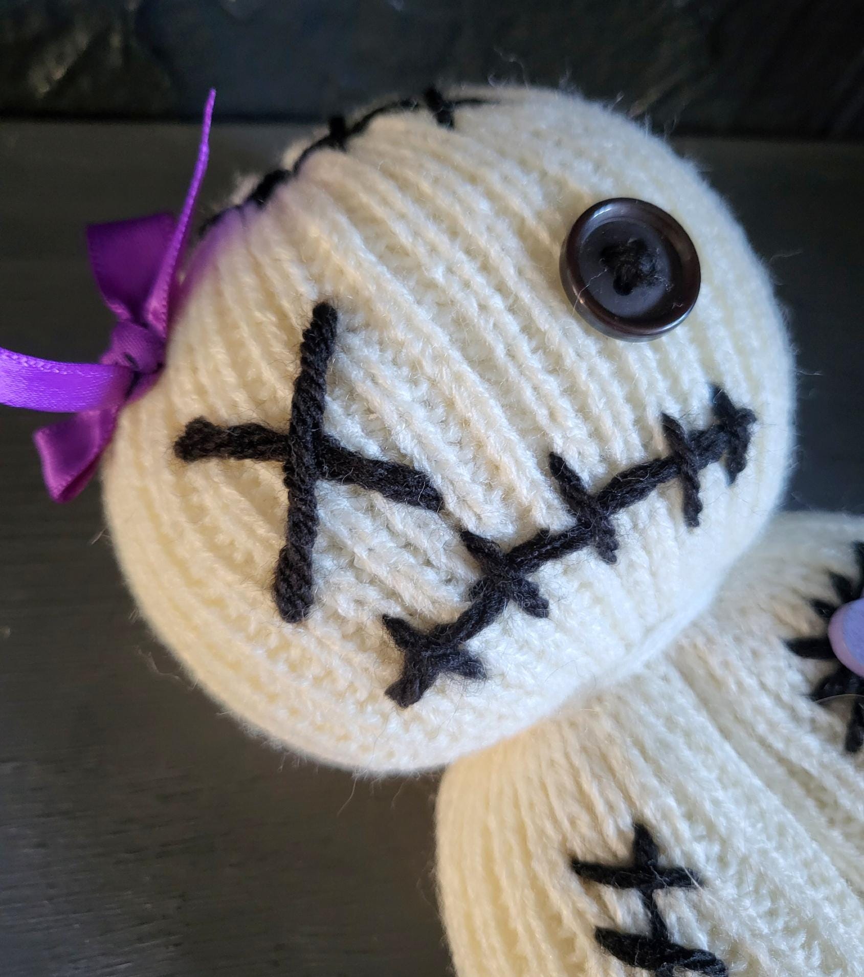 Handmade Voodoo Doll Knitted OOAK Cute Weird Gothic Fantasy Creepy Halloween Collectable Freaky Gift Spooky Decor Purple Cream Black VO4 - Oh My Gothness