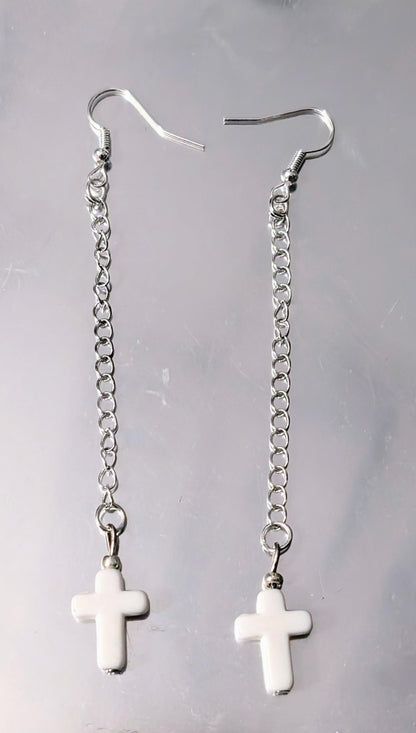 Handmade white cross crucifix drop dangle silver tone metal chain hook earrings goth festival punk fashion accessory gift present for her - Oh My Gothness