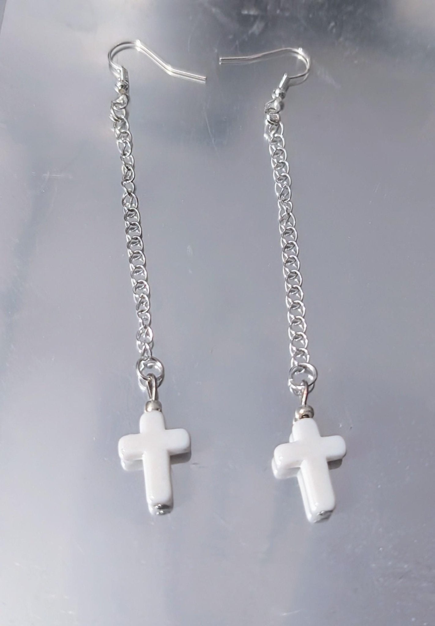 Handmade white cross crucifix drop dangle silver tone metal chain hook earrings goth festival punk fashion accessory gift present for her - Oh My Gothness