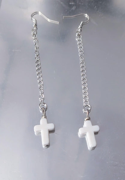 Handmade white cross crucifix drop dangle silver tone metal chain hook earrings goth festival punk fashion accessory gift present for her - Oh My Gothness