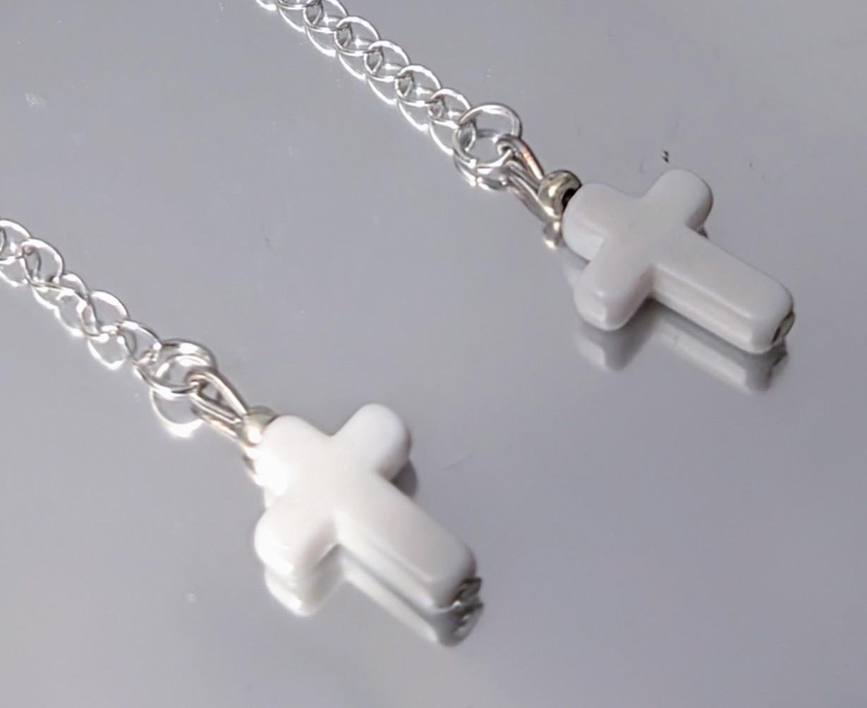 Handmade white cross crucifix drop dangle silver tone metal chain hook earrings goth festival punk fashion accessory gift present for her - Oh My Gothness
