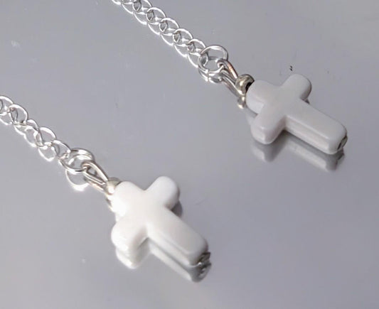 Handmade white cross crucifix drop dangle silver tone metal chain hook earrings goth festival punk fashion accessory gift present for her - Oh My Gothness