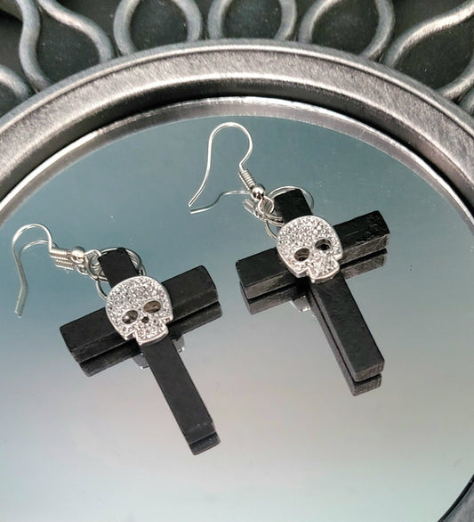Handmade Wooden Cross Earrings & Black Silver Diamonte Skull Goth Whitby Church Gothic Great Gift E15 - Oh My Gothness