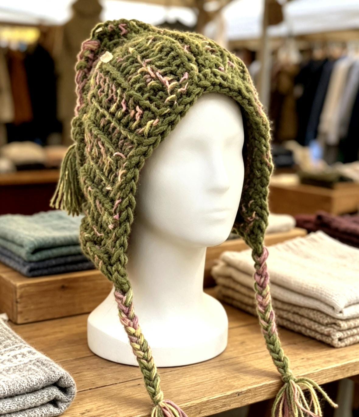 Handmade Woodland Bonnet Pixie Hat - OOAK Olive Green Pink Peach With Tassels - Oh My Gothness
