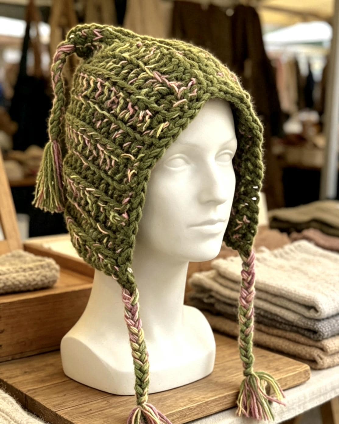 Handmade Woodland Bonnet Pixie Hat - OOAK Olive Green Pink Peach With Tassels - Oh My Gothness