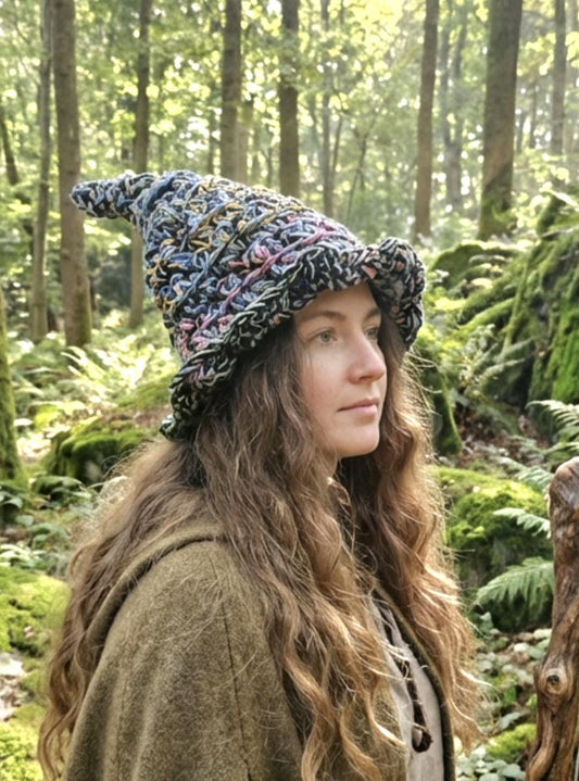 Handmade Woodland Wizard Pixie Hat Crochet - OOAK Blue Green Grey Fairy - Oh My Gothness