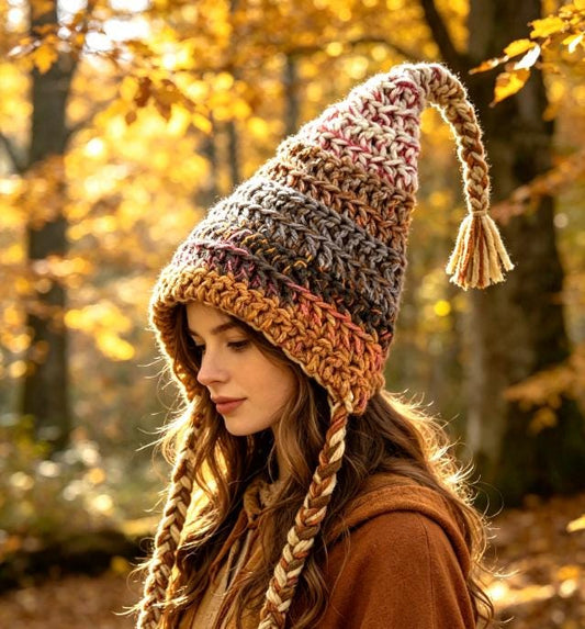 Handmade Woodland Wizard Pixie Hat - OOAK Autumn Gold Brown Cream Chunky Crochet - Oh My Gothness