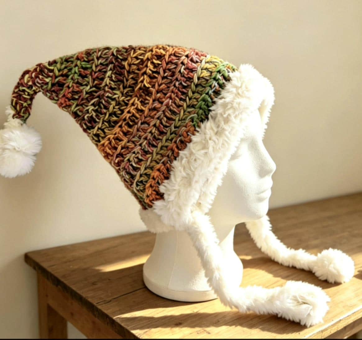 Handmade Woodland Wizard Pixie Hat - OOAK Green Pink Mustard Yellow Fur Pom Pom Trim - Oh My Gothness