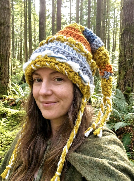 Handmade Woodland Wizard Pixie Hat - OOAK Orange Blue White Mustard Fairy Garden - Oh My Gothness