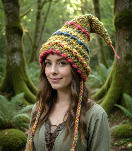 Handmade Woodland Wizard Pixie Hat - OOAK Orange Lime Mustard Fairy Garden - Oh My Gothness