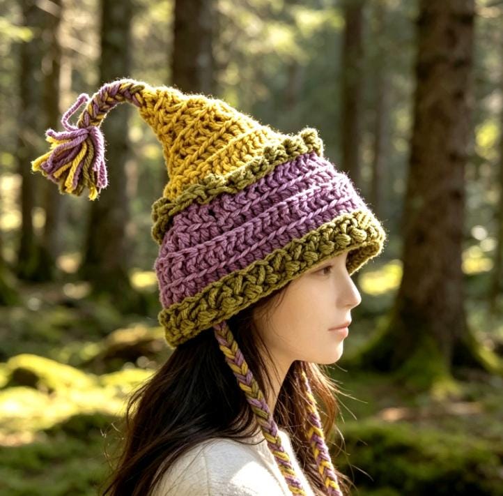 Handmade Woodland Wizard Pixie Hat - OOAK Purple Mustard Olive Green With Tassels Fairy - Oh My Gothness