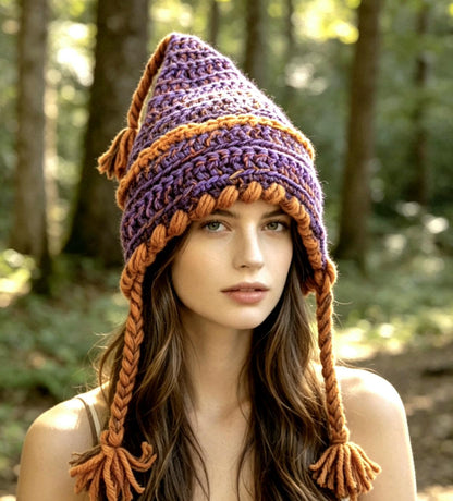 Handmade Woodland Wizard Pixie Hat - OOAK Purple Orange With Tassels Fairy Garden - Oh My Gothness