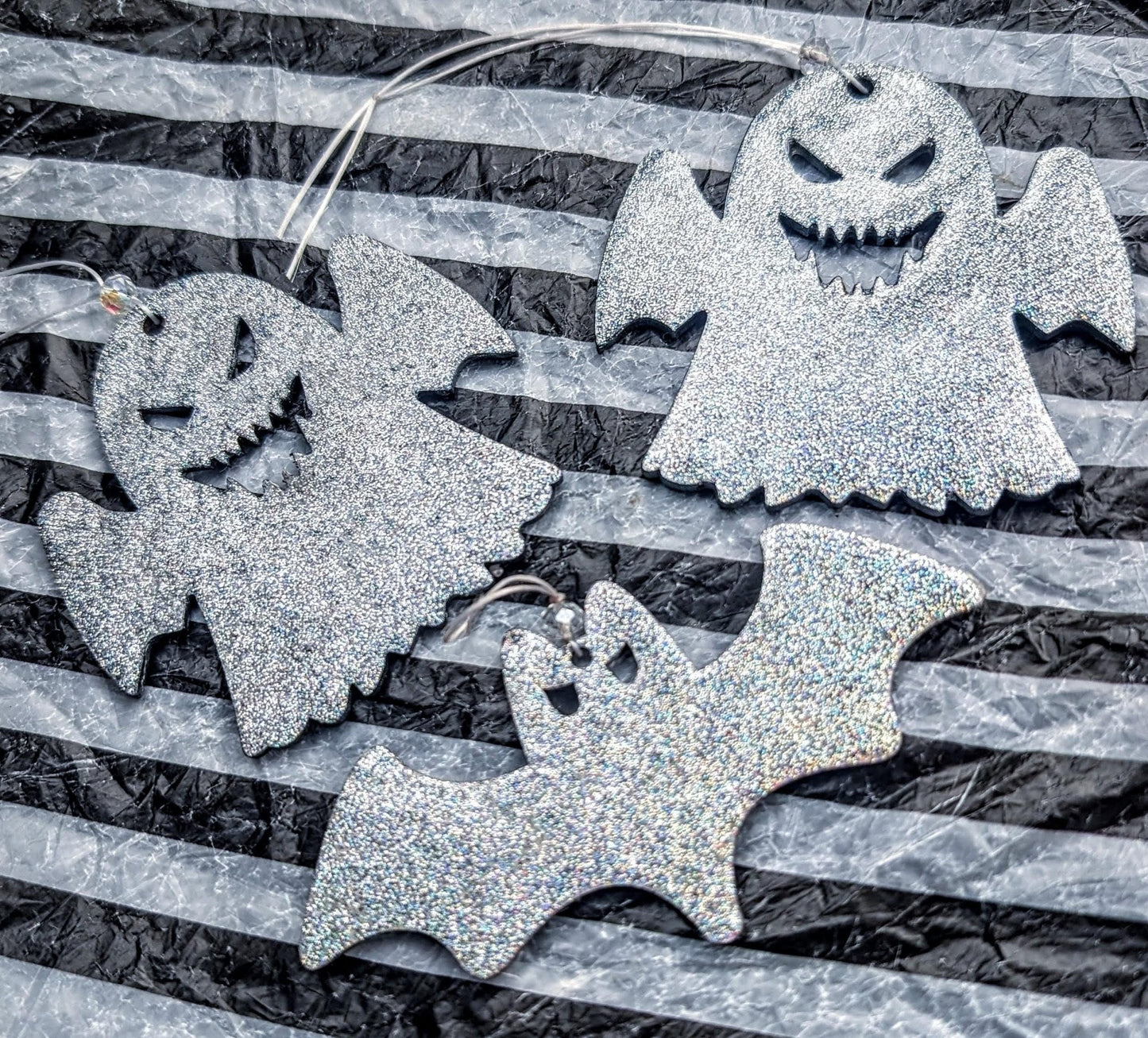 Holographic Glitter Spooky Christmas Ornaments: Ghost & Bat Set - Oh My Gothness