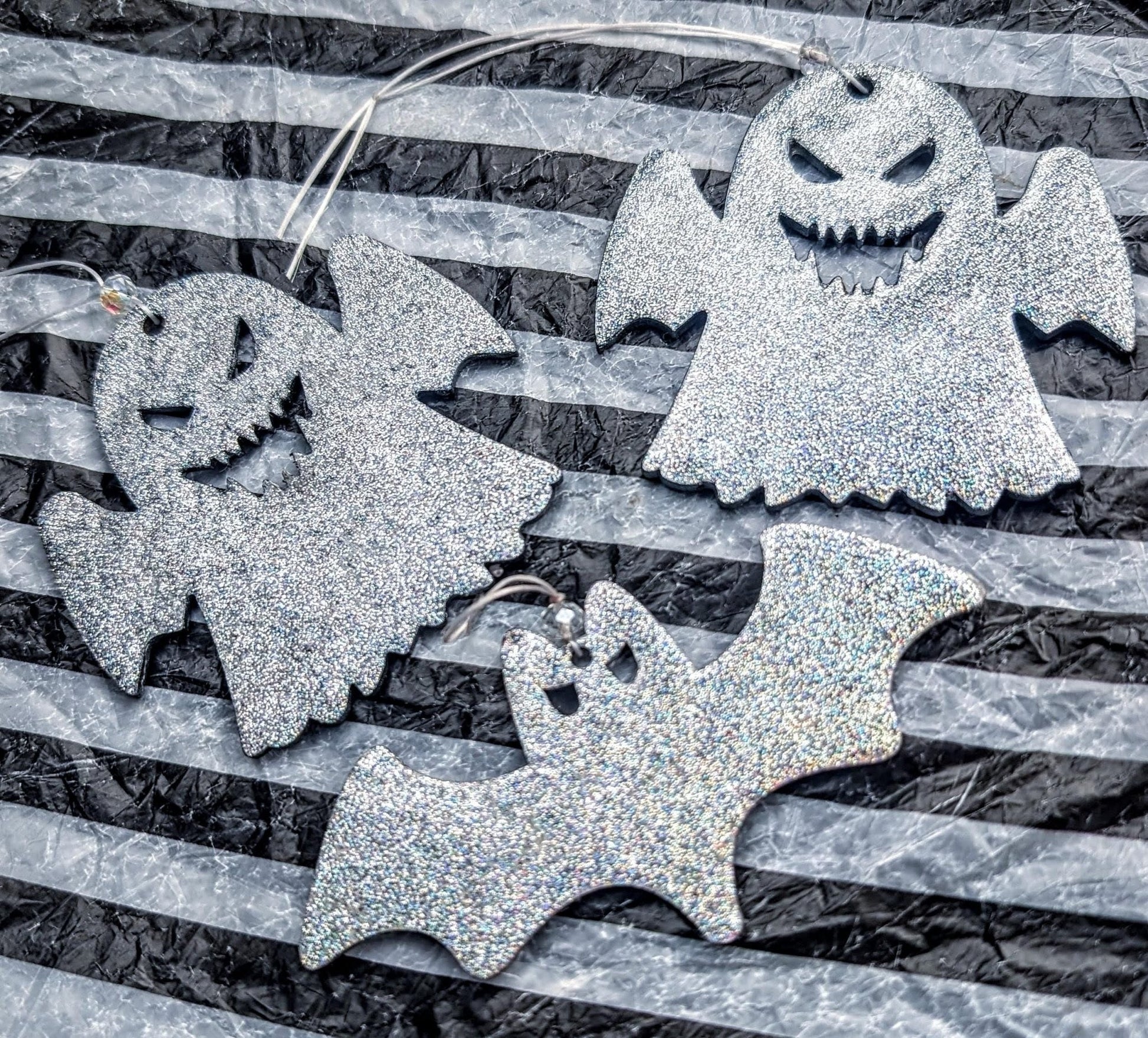 Holographic Glitter Spooky Christmas Ornaments: Ghost & Bat Set - Oh My Gothness