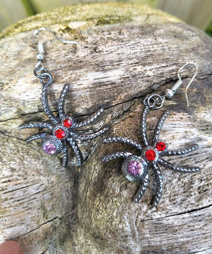 Silver Big Creepy Spider Earrings Red Pink Crystal Gems Goth Whitby Halloween Gothic Great Gift E7