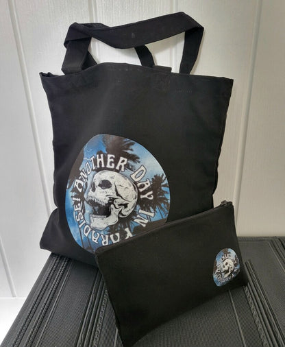 Skull Paradise Mini Tote Bag & Pencil Make Up Case White Black Shopping Reusable Kit Bag School Travel Goth Funky Gift B5