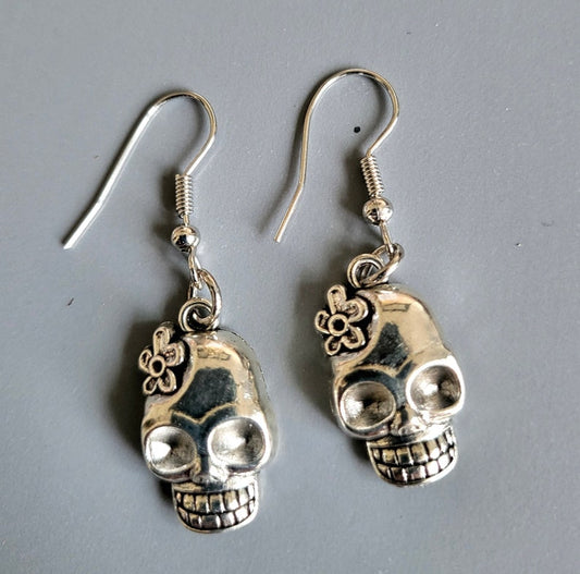 Spooky Silver Candy Skull Earrings Goth Whitby Halloween Gothic Great Gift E6