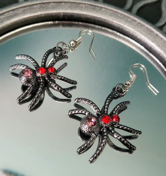 Silver Big Creepy Spider Earrings Red Pink Crystal Gems Goth Whitby Halloween Gothic Great Gift E7