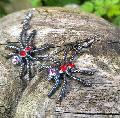 Silver Big Creepy Spider Earrings Red Pink Crystal Gems Goth Whitby Halloween Gothic Great Gift E7