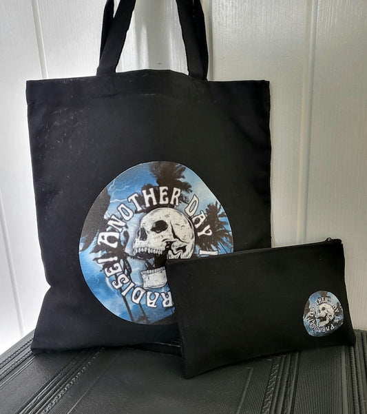Skull Paradise Mini Tote Bag & Pencil Make Up Case White Black Shopping Reusable Kit Bag School Travel Goth Funky Gift B5