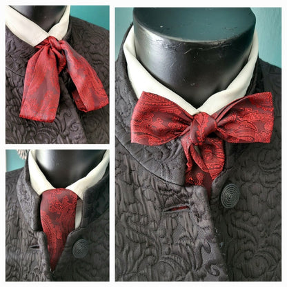 Burgundy Red Satin Paisley Self Tie Skinny Cravat Neck Scarf Multi Way Steampunk Wedding Pussy Bow Theatre Costume Victorian Whitby N4