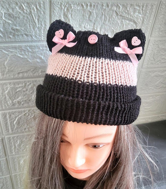 Knitted Cat Ear Hat Beanie Pale Pink Black Stripes Punk Emo Goth Kitty Hat Winter Gift HT2