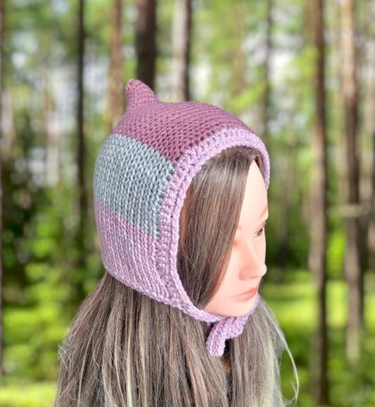 Grey & Clover Pink Stripe Knitted Forest Bonnet Handmade Pixie Bow Tie Hat Adult Emo Goth Whimsy Elf Fairy Reenactment Winter Gift HT17